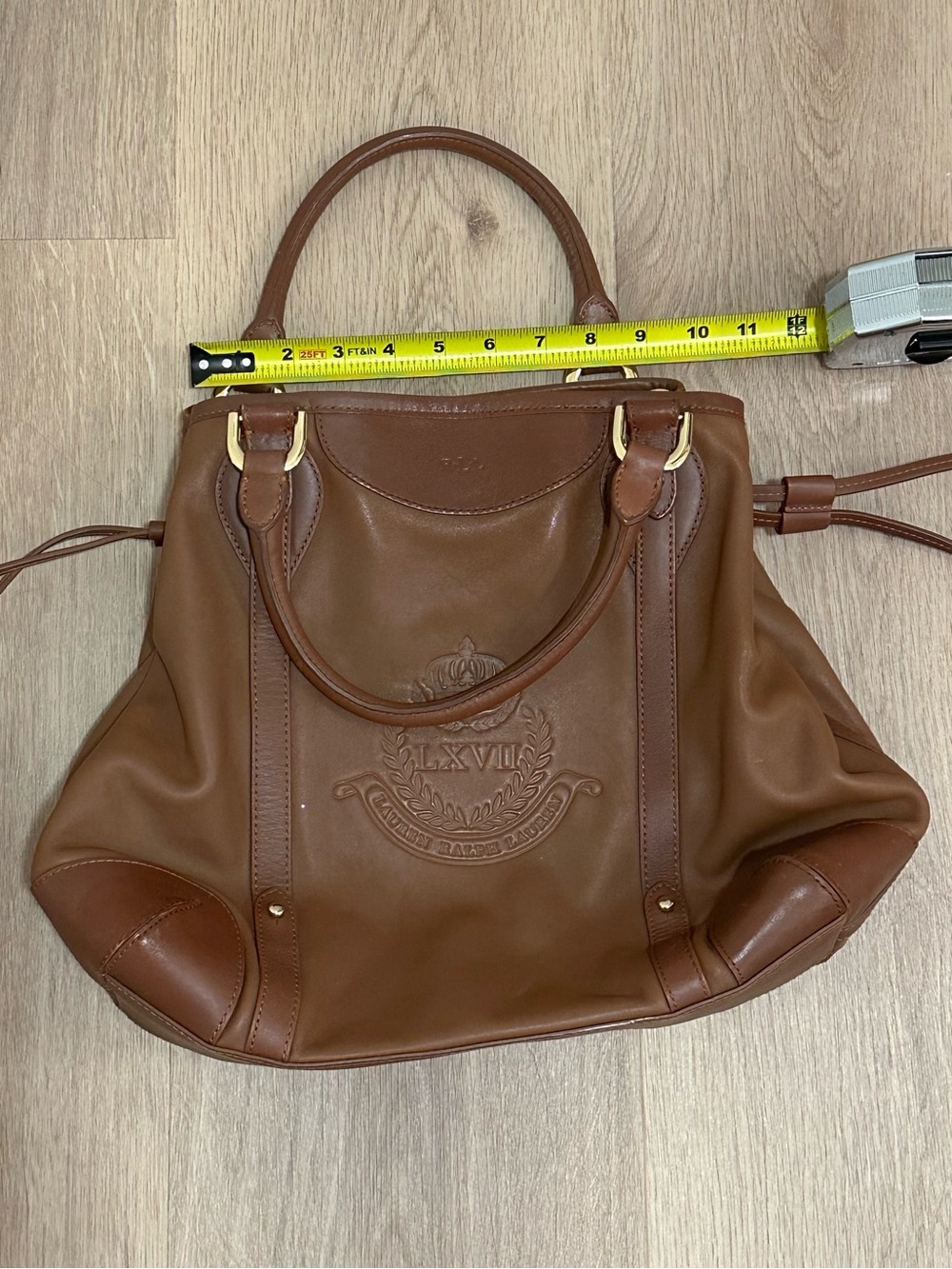Lauren Ralph Lauren Brown Leather Tote with Embossed Crown LXVII Laurels